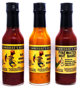 Tennessee's Best Hot Sauce Sampler 3 Pack - Includes Red Ghost Pepper, Mustard Ghost Pepper and Firewater Hot Sauce Bottles - Hot and Spicy - Small-Batch and Hand Packed - Hot Sauce 3pk