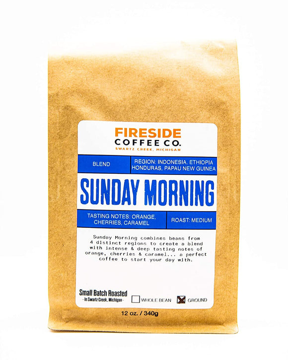 Fireside Coffee Company - Sunday Morning - Ground Coffee 12 oz Bag - Farm Direct - Single Origin - Orange, Cherries, Caramel - Roast: Medium - Small Batch Roasted: Ground - Sunday Morning