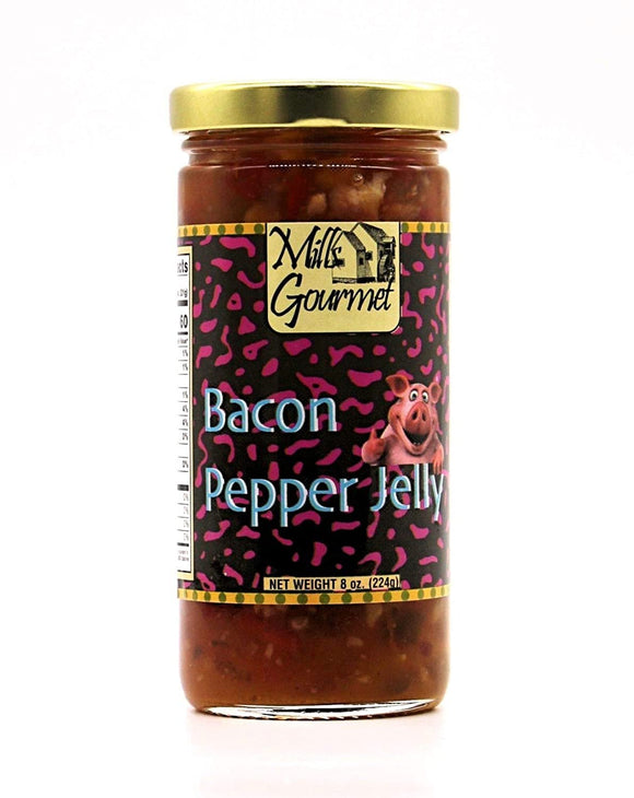 Mills Gourmet Original Bacon Pepper Jelly | Made with Red Bell Peppers, Jalapenos and Bacon | All Natural and Fresh Ingredients - 8 oz Jar (224 g)