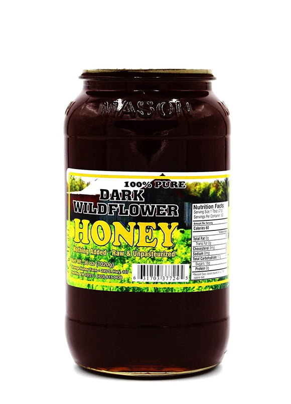 Tennessee Mountain Dark Wildflower Honey - Locally Harvested in Tennessee - 100% Pure, Raw and Unpasteurized - 36 oz Jar