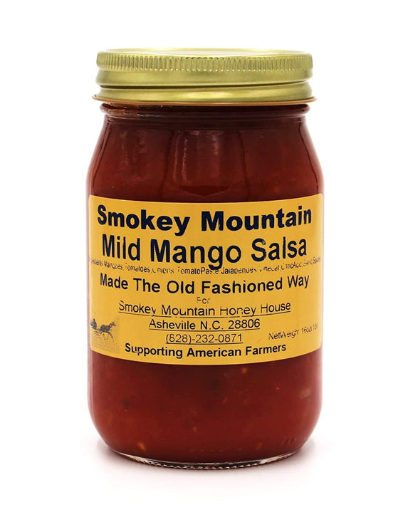 Smokey Mountain Honey House Mild Mango Salsa - Chunky Homestyle Gourmet Salsa - Mild Spice Taste Made with Fresh Sweet Mango & Other All Natural Ingredients - Made The Old Fashioned Way - 16 oz Jar