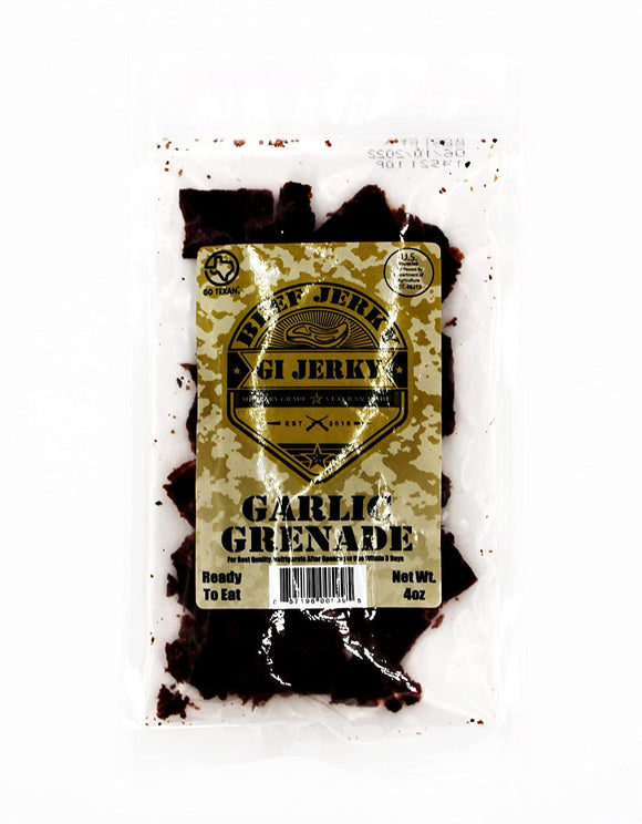 GI Jerky Beef Jerky - Garlic Grenade - Veteran Owned - Made in the USA - Premium Blend of Garlic & Black Pepper - Serious Military Grade Flavor that will Explode in your Mouth like a Grenade - 4 oz