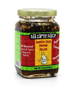 Ala Carte Alice Jumpin’ Jack Pepper Relish - Handcrafted with Real Jalapeno Peppers & Spices - Delicious Sweet & Spicy Relish - Excellent Condiment for Burgers Hotdogs or BBQ - Cowboy Candy - 13 oz