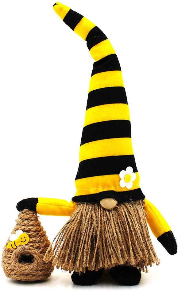 MeraVic BumbleBee Striped Gnome Holding Beehive - Adorable 13.5” Bee Gnome Plush with Brown Rope Beard - Spring & Summer Decorations Weighted Custom Plush Doll - Seasonal Home, Gift, & Farmhouse Decor