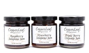 Copperleaf Gourmet | Bundle of 3 | Triple Berry Chipotle Jam, Raspberry Jalapeno Jam, Strawberry Jalapeno Jam - Ultimate Flavor Filled - Sweet and Spicy - 5 oz Jars