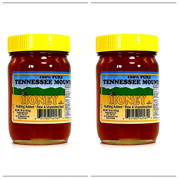 Tennessee Mountain Honey -Two Pack- Locally Harvested in Tennessee and Smoky Mountains - Wildflower Honey with a Blend of Clover, Locust, and Sourwood - Raw and Unpasteurized - Two 16 oz Jars (454g)