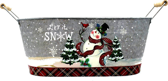 Hill’s Parks Bountiful Metal Snowman Pot “Let It Snow” 14” Long - Christmas, Winter and Farmhouse Decor - “Let It Snow” Metal Pot