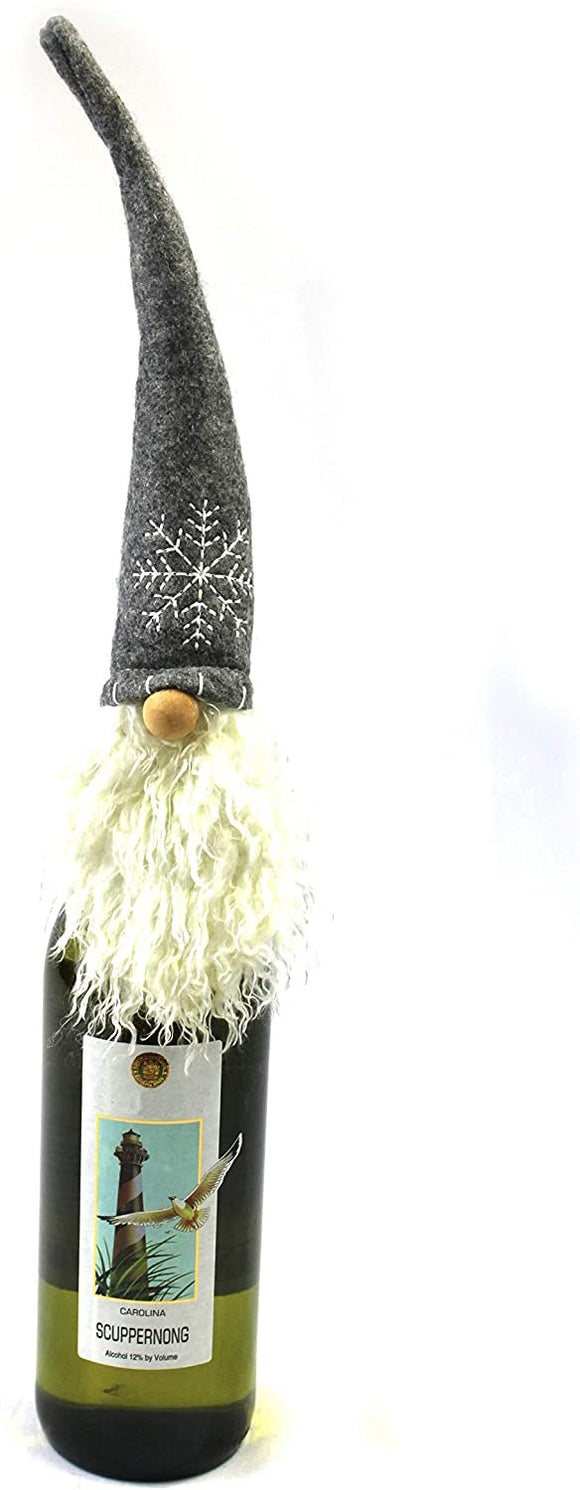 MeraVic - Gnome Wine Bottle Topper - Gray with Snowflake Hat- Bearded - Winter and Fall Decorations - Raffia - Gray Gnome Bottle Topper