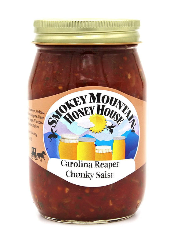 Smokey Mountain Honey House Carolina Reaper Chunky Salsa - Hot and Spicy Gourmet Salsa Made with Fresh and All Natural Ingredients - Extreme Heat from Carolina Reaper Peppers - 16 oz Jar