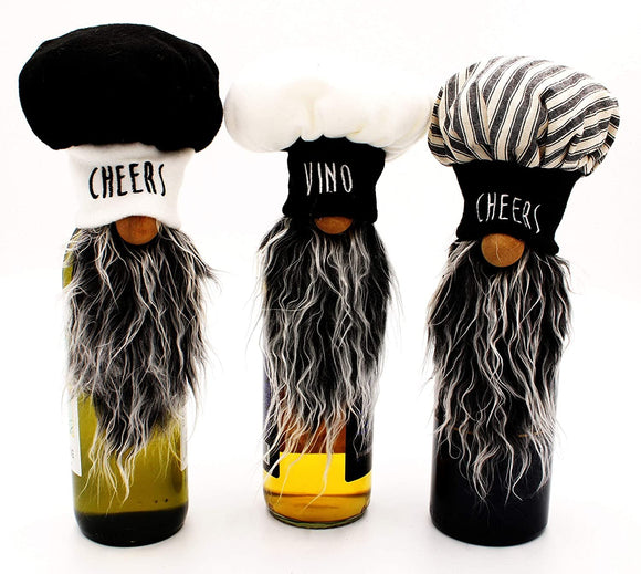 MeraVic Set of 3 Italian Chef 10” Gnome Plush Bottle Toppers - Wine & Olive Oil Bottle Toppers with Long Gray Beards, Distinctive Hats, & Custom Embroidery - Kitchen Farmhouse Home Decor Decorations