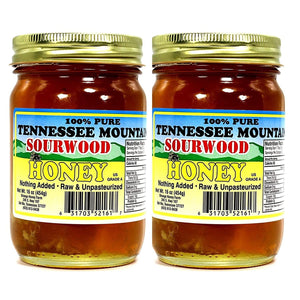 Tennessee Mountain Sourwood Honey with Honeycomb -Two Pack - Locally Harvested in Tennessee - 100% Pure, Raw and Unpasteurized - Two 16 oz Jars (454g)