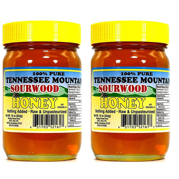 Tennessee Mountain Sourwood Honey -Two Pack- Locally Harvested in Tennessee and Smoky Mountains - 100% Pure, Raw and Unpasteurized - All Natural -Two 16 oz Jars (454g)