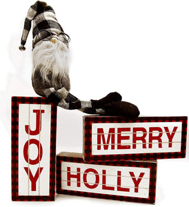 MeraVic Gerson Holiday Decor Bundle - Three Buffalo Plaid Wooden Wall Signs : “Holly” “Merry” “Joy” and a Black Buffalo Plaid Gnome Winter - Christmas - Holiday Decor Bundle