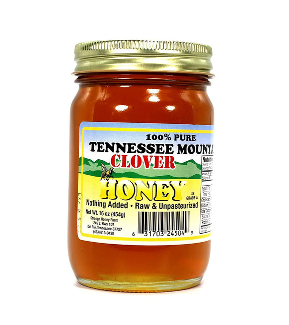 Tennessee Mountain Clover Honey- Locally Harvested in Tennessee and Smoky Mountains - 100% Pure, Raw, and Unpasteurized - All Natural - 16 oz Jar (454g)