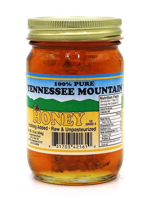 Tennessee Mountain Honey with Comb - Locally Harvested in Tennessee and Smoky Mountains - Pure, Raw, and Unpasteurized - Clover and Wildflower Variety - 16 oz Jar (454g)