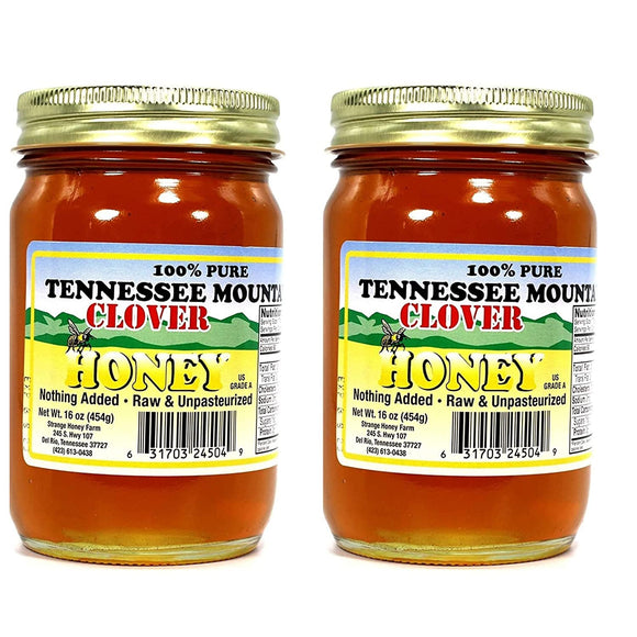 Tennessee Mountain Clover Honey Two Pack- Locally Harvested in Tennessee and Smoky Mountains - 100% Pure, Raw, and Unpasteurized - All Natural - Two 16 oz Jars(454g)