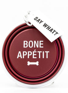 Estore 2TC Collection - “Bone Appetit” Collapsible Silicone Dog Bowl - Keychain - Maroon and White - Premium - Durable - “Bone Appetit” Collapsible Silicone Dog Bowl