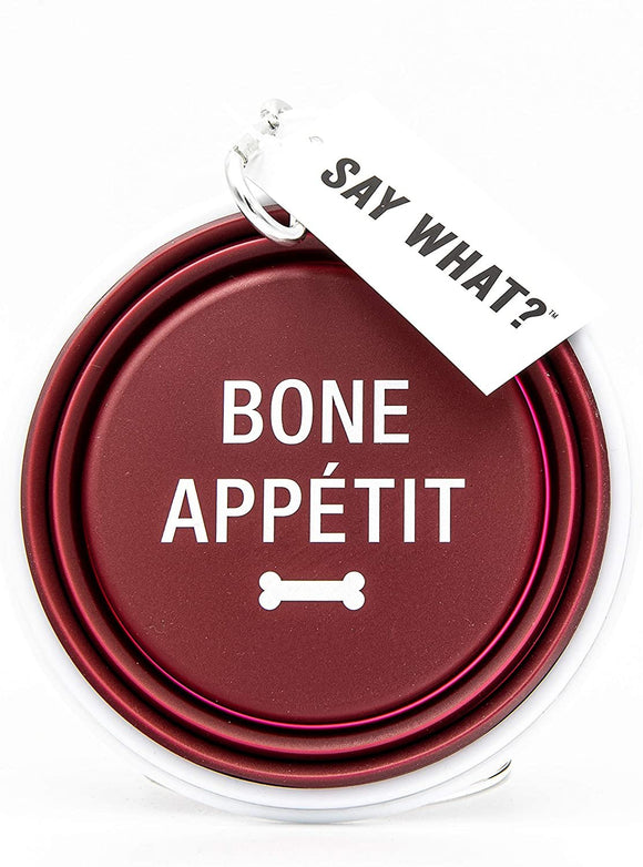 Estore 2TC Collection - “Bone Appetit” Collapsible Silicone Dog Bowl - Keychain - Maroon and White - Premium - Durable - “Bone Appetit” Collapsible Silicone Dog Bowl