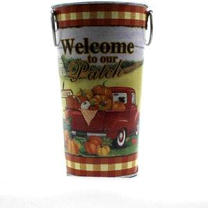 Hill’s Parks Bountiful Metal Pumpkin Pail, “Welcome to Our Patch” 8.5” - Fall and Farmhouse Decor - Autumn - Bountiful Metal Pumpkin Pail, “Welcome to Our Patch”