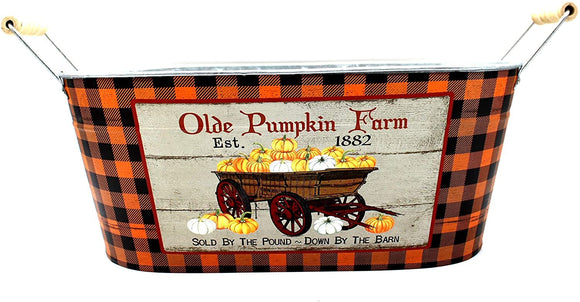 Hill’s Parks Oval Bountiful Metal Pumpkin Pot “ Olde Pumpkin Farm “ - 14” Long - Farmhouse and Fall Decor - Orange and Black Plaid - “Olde Pumpkin Farm” Metal Pot